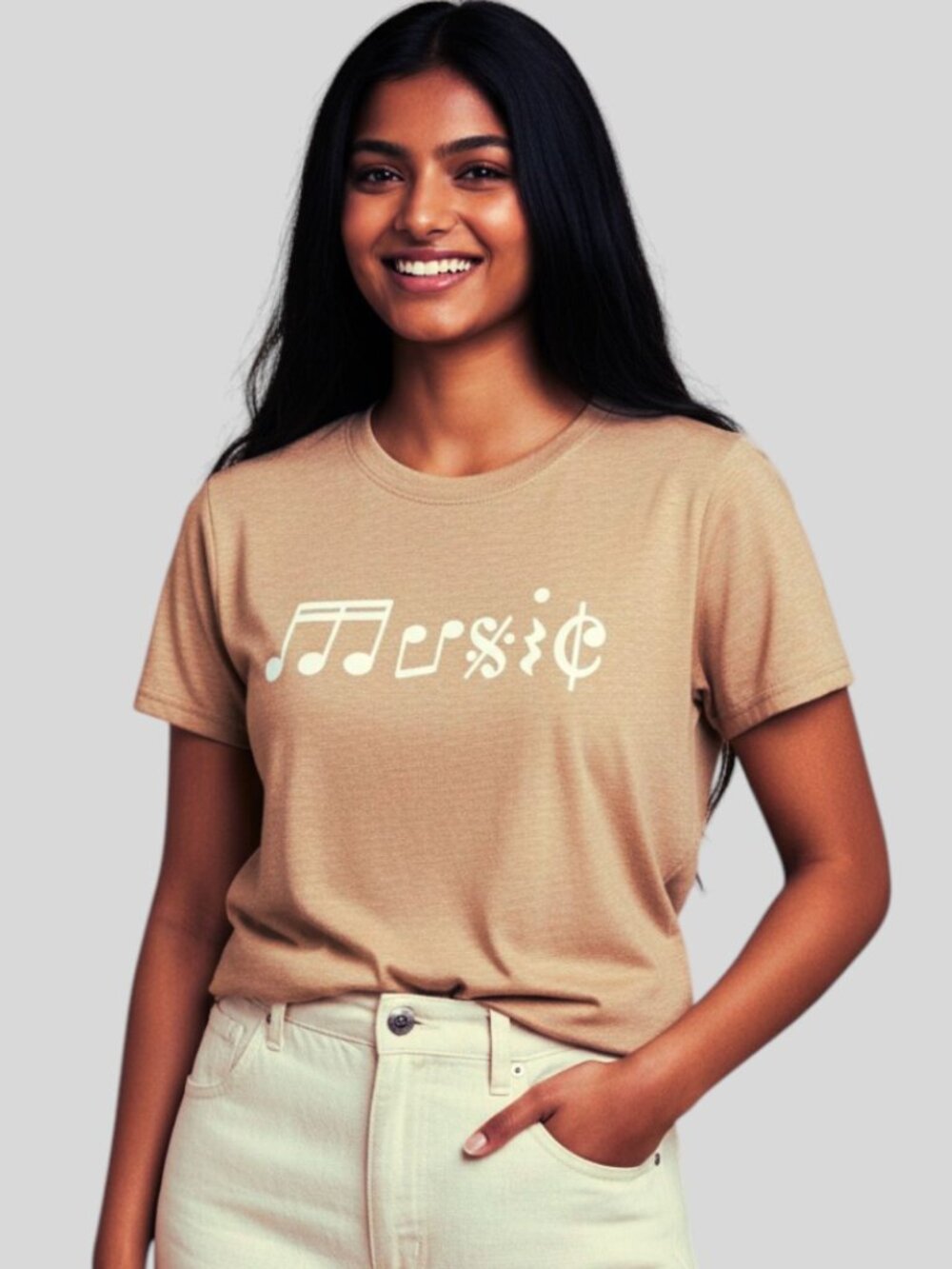 Music Symbols Graphic Tee Womans M Tan Short Sleeve Soft Stretch Top Notes